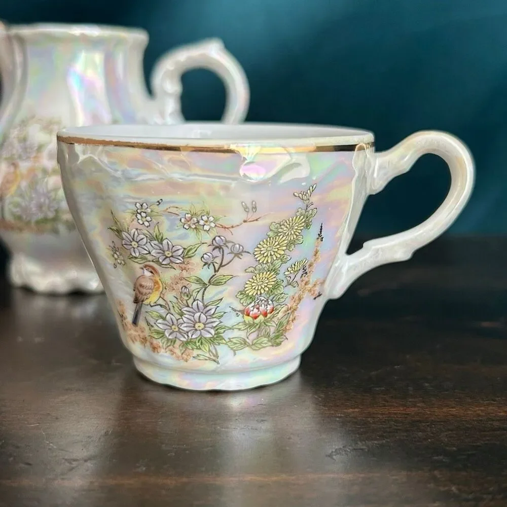 Pearlescent Iridescent Creamer and Demitasse Cup Set